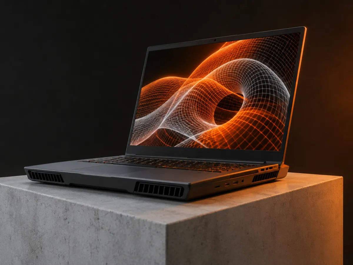 Portátil de alto rendimiento con rejillas de ventilación y un render 3D naranja en pantalla