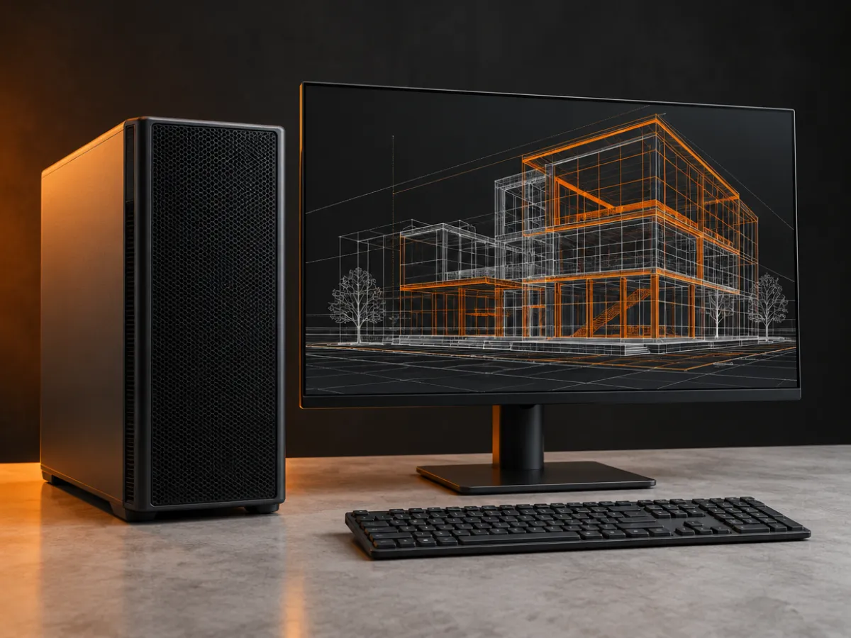 Torre de estación de trabajo junto a un monitor con el plano CAD de un edificio