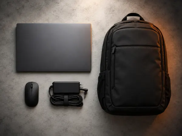 Portátil cerrado, mochila negra, mouse y cargador ordenados sobre concreto