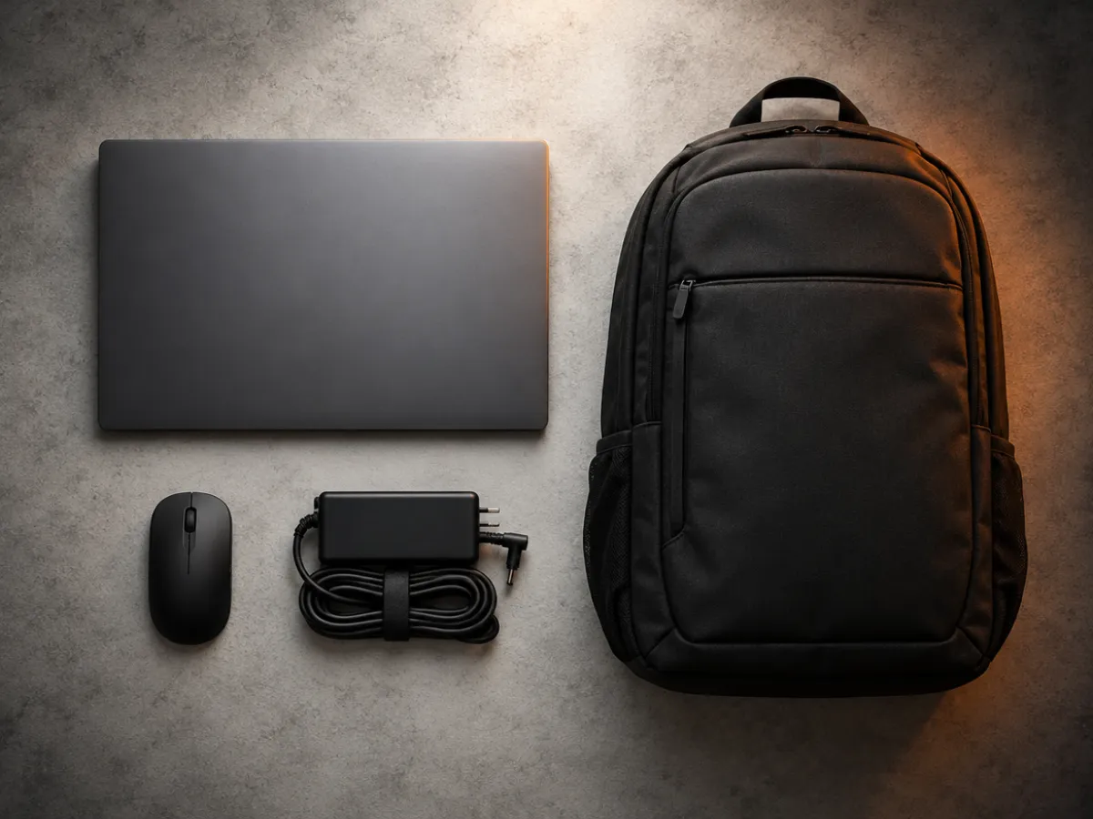 Portátil cerrado, mochila negra, mouse y cargador ordenados sobre concreto