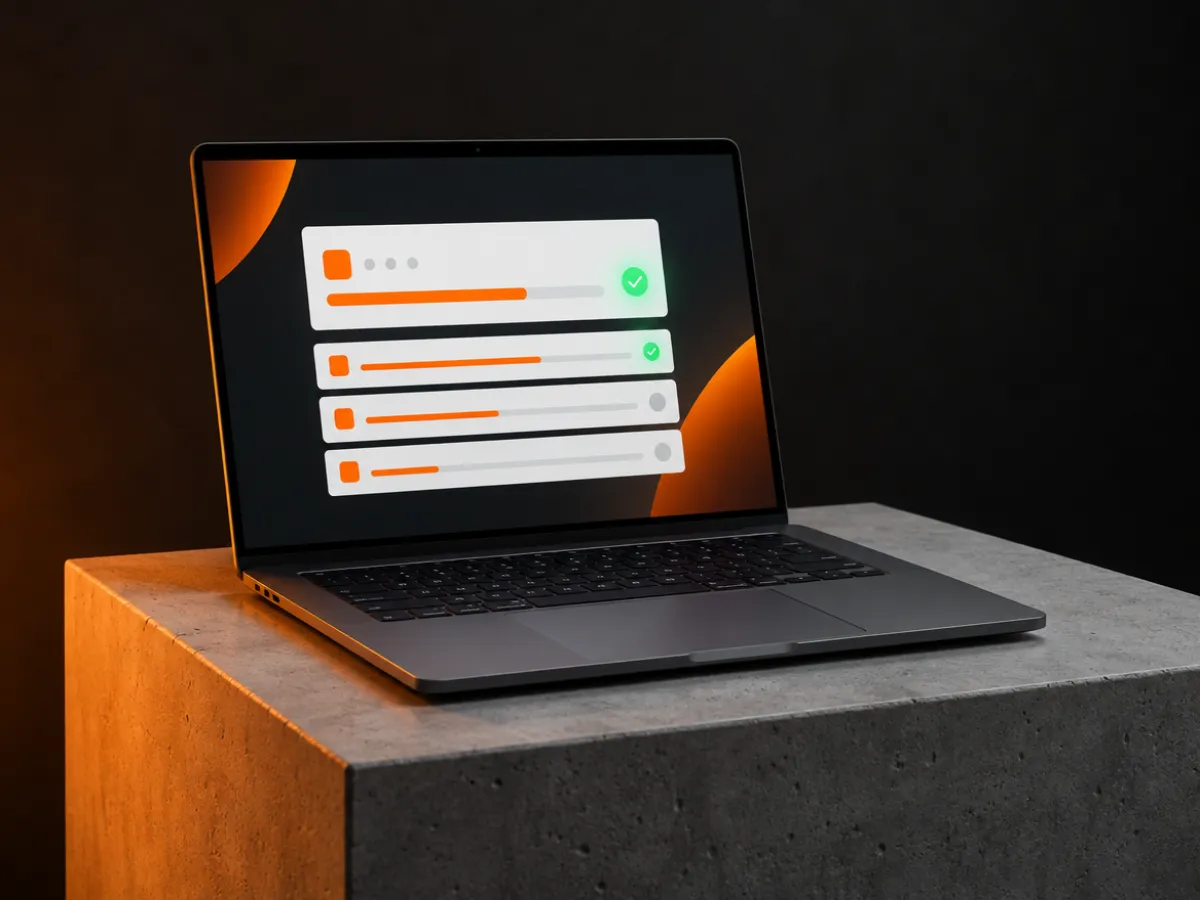 Portátil con una barra de instalación naranja y una marca verde de verificación en pantalla